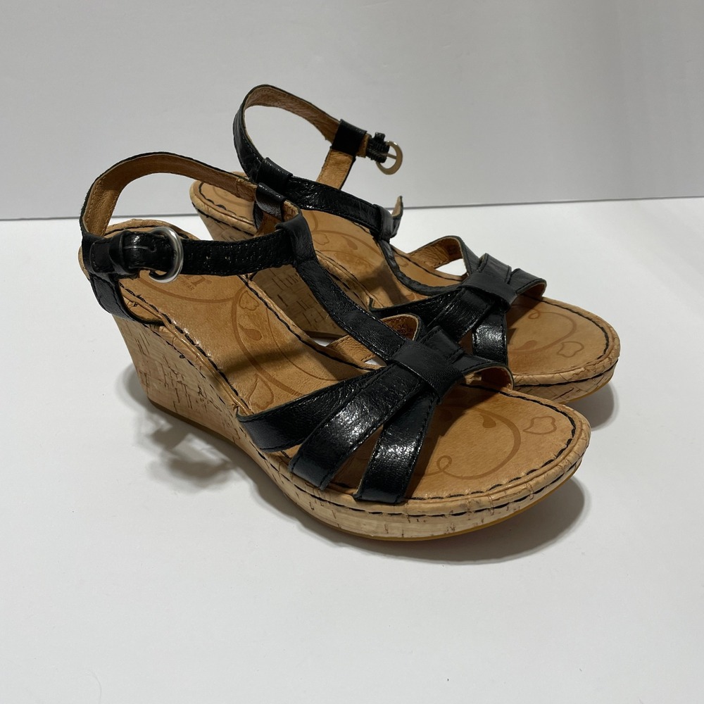 Born Black Leather T-Strap Cork Wedge Sandals Womens Size 6 894403 C1K12
